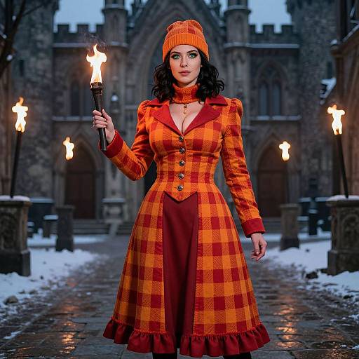 Photograph of a dark-haired woman in an orange plaid dress and beanie, holding a torch, in a snowy, candlelit Gothic cathedral.
