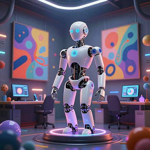 CGI image of a glowing white and black humanoid robot standing on a circular platform in a futuristic, colorful, tech-filled room.