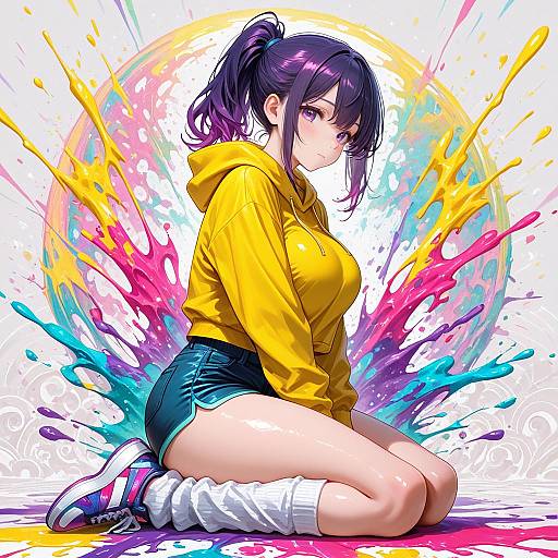 Anime Girl in Yellow Hoodie with Paint Splashes