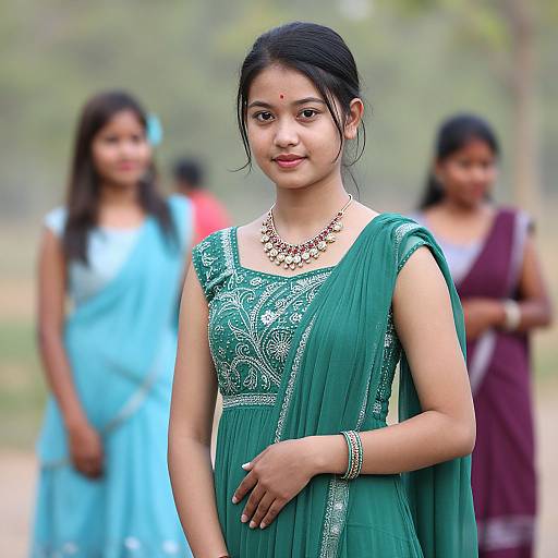 Photograph of a young Indian girl with dark hair in a green traditional saree with intricate silver embroidery, standing confidently with friends in the blurred background wearing