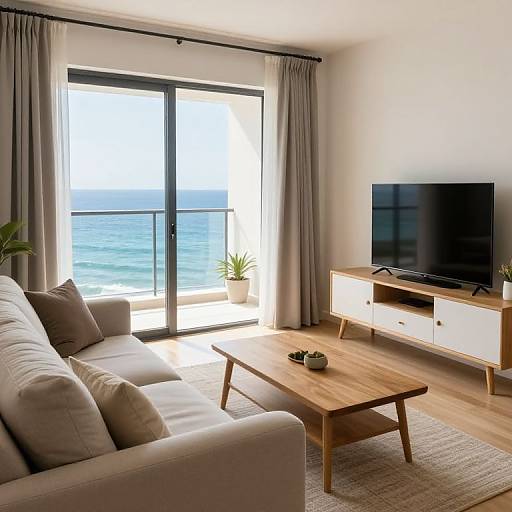 Modern living room photograph: white sofa, wooden coffee table, flat-screen TV, ocean view through large glass doors with gray curtains.