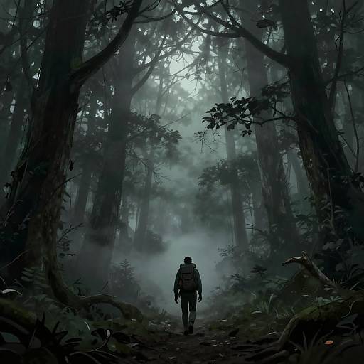 Digital artwork of a lone hiker with a backpack walking down a misty, dark forest path, tall trees and eerie light filtering through.
