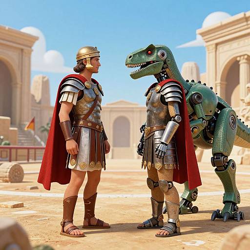 CGI image of a Roman soldier in armor facing a robotic green dinosaur with armor and a red cape in a sunlit, ancient ruin.