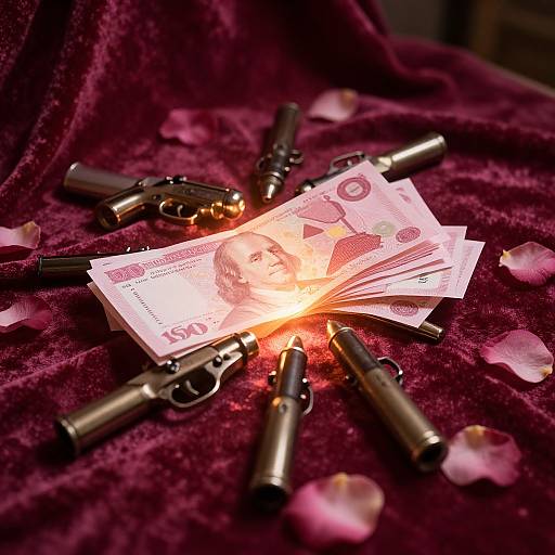 Photograph of six silver pistols surrounding a fan of illuminated 1000 Russian ruble bills on a deep red velvet surface with scattered pink rose petals.