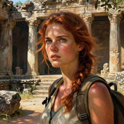 Photograph of a red-haired woman with braided hair, wearing a sleeveless top and backpack, standing in front of ancient, sunlit ruins.