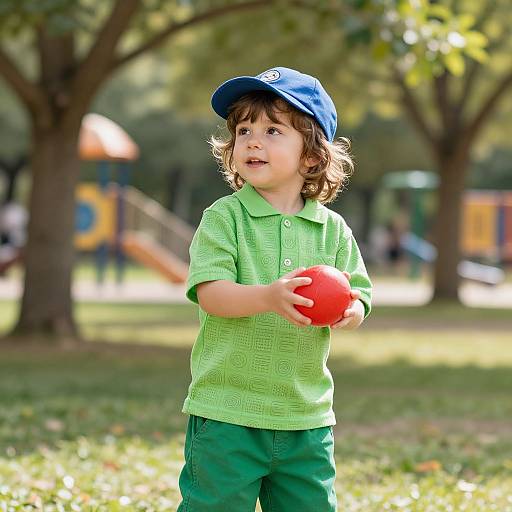 Photograph of a curly-haired, brown-eyed young boy in a blue cap and green shirt, holding a red ball in a sunlit park. Bl