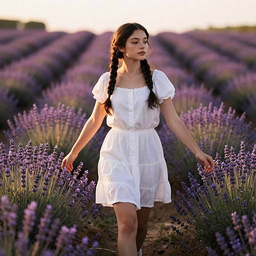 Young Woman in Lavender Field at Golden Hour