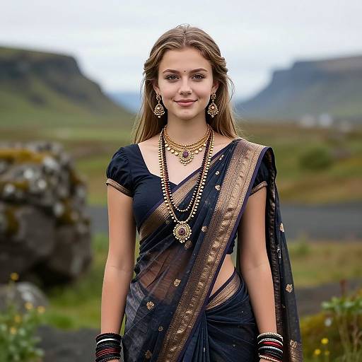 Photograph of a young woman with long brown hair, wearing a black saree with gold embroidery, multiple gold necklaces, and intricate earrings, standing