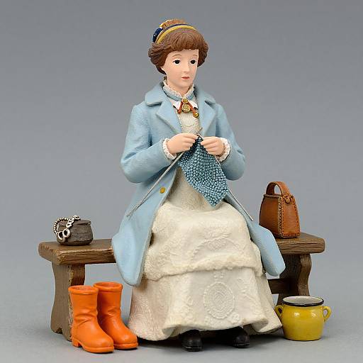 Photograph of a detailed, vintage-style doll with brown hair, blue coat, white dress, orange boots, brown bag, pocket watch, and yellow