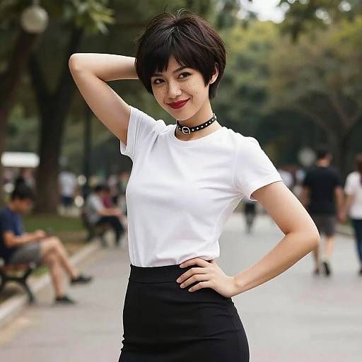 Photograph of a short-haired Asian woman in a white t-shirt and black skirt, standing confidently in a park, hand on hip, with blurred background