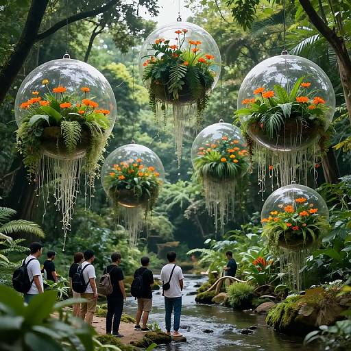 Photograph of a lush forest with hanging clear spheres containing vibrant orange flowers and greenery, observed by six people standing on a rocky stream path.