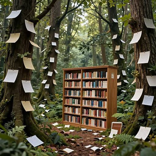 Photograph of a wooden bookshelf in a lush forest, surrounded by trees adorned with fluttering white notes, and ferns on the forest floor.