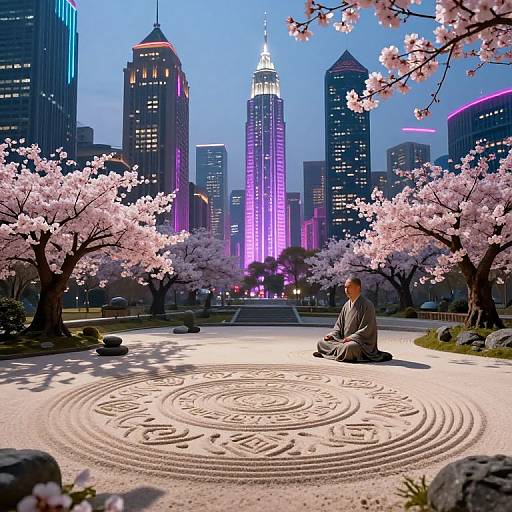 Photograph of a serene Zen garden with intricate sand ripples, surrounded by cherry blossom trees, and a meditating person in front of a neon-l