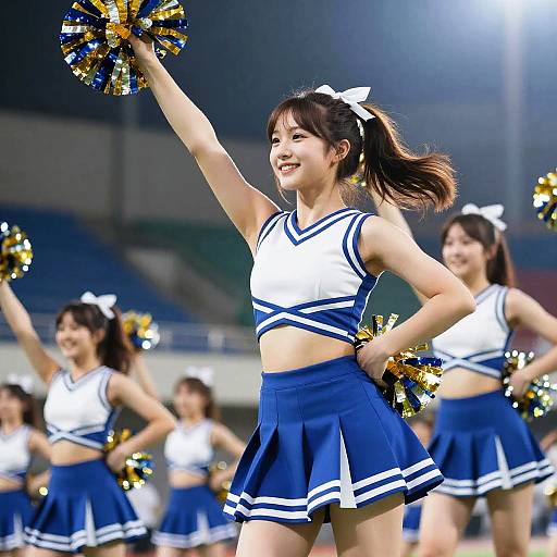 Photograph of cheerful Asian cheerleaders in white and blue uniforms, with pom-poms, mid-performance under stadium lights, smiling and dancing.