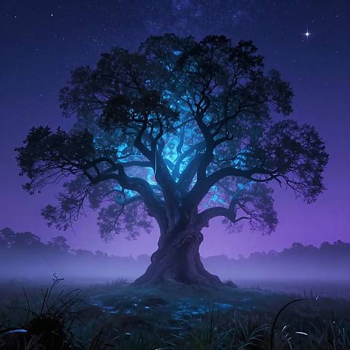 Digital art of a glowing, ethereal tree with blue luminescence, set against a starry, purple night sky and misty forest.
