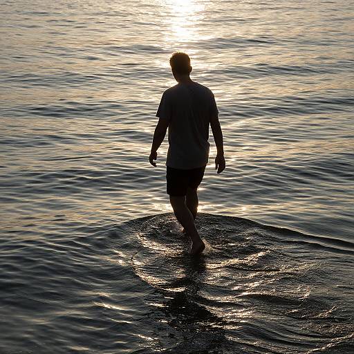 Photograph of a silhouetted man in a long-sleeve shirt and shorts walking on rippling water at sunset, with the sun shining