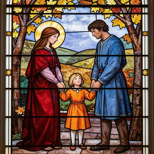 Stained glass artwork of a holy family holding hands, with a golden halo over the mother, autumn leaves, and a forest backdrop. Father in blue