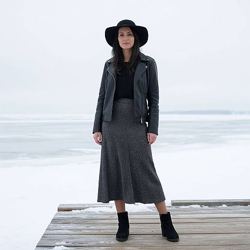 Photograph of a woman with dark skin, black hat, leather jacket, black top, patterned midi skirt, and black ankle boots standing on a