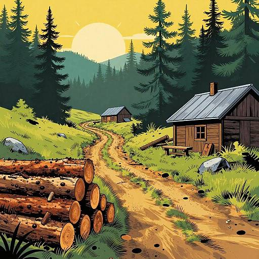 Digital illustration of a sunlit forest path leading to two wooden cabins, with stacked logs in the foreground and tall pine trees in the background. Bright yellow
