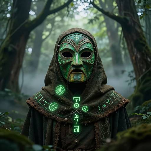 Digital art: Mysterious forest figure in green, glowing mask with intricate patterns, hooded cloak, and illuminated runes, standing amidst misty trees.