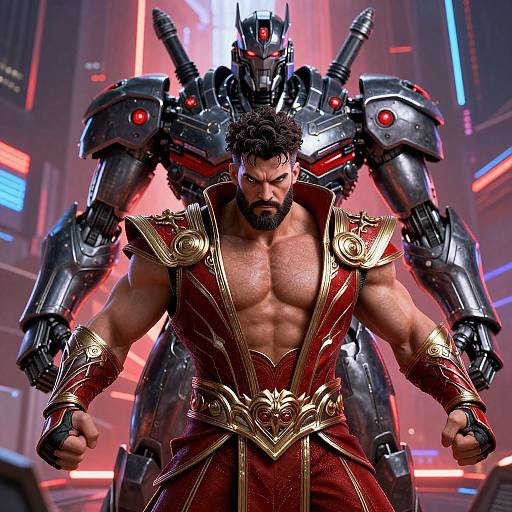 Muscular man with dark beard and red-gold armor stands defiantly, flanked by large, robotic, red-eyed mecha in neon-lit