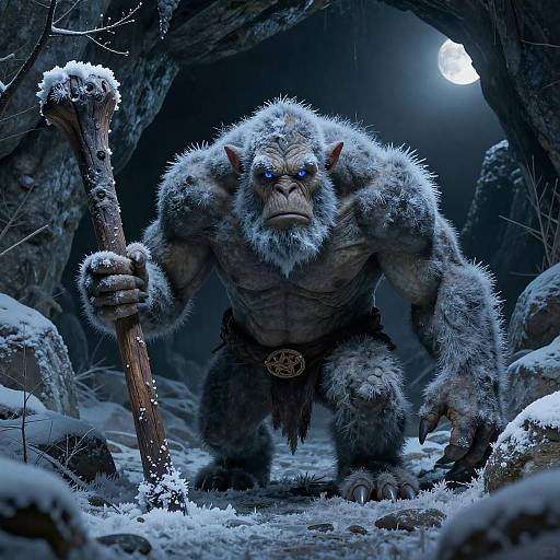 Digital artwork of a muscular, blue-eyed, fur-covered ape-like creature with a wooden staff, crouching in a snowy cave under a full moon
