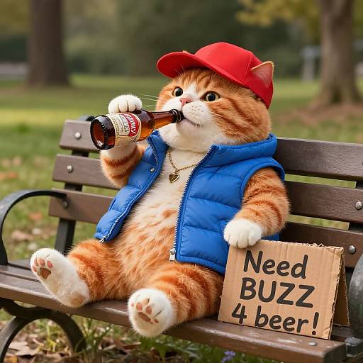 Photograph of an orange tabby cat wearing a red cap, blue vest, drinking beer, and holding a 