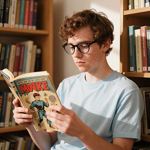Photograph of a young, freckled, curly-haired man with black glasses, wearing a light blue shirt, reading a vintage 