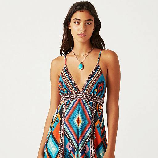 Photograph of a young woman with long black hair, wearing a colorful, geometric-patterned, V-neck dress with thin straps and a turquoise pendant necklace