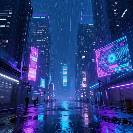 Neon-lit, rainy cyberpunk city street, vibrant purple and blue lights reflect on wet pavement, tall skyscrapers, illuminated billboards,