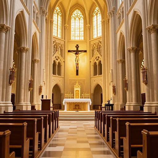 Photograph of a golden-lit, Gothic-style cathedral interior with a crucifix above the altar, arched columns, wooden pews, and check