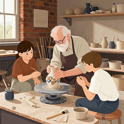 Digital illustration of an elderly white man with a white beard teaching pottery to two young children in a sunlit, brick-walled studio.