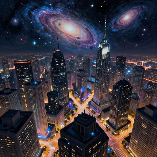 Digital artwork of a cityscape at night, featuring brightly lit skyscrapers, colorful streetlights, and two glowing spiral galaxies in the starry sky