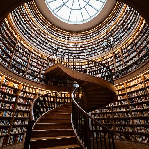 Photograph of a circular, multi-tiered library with a wooden spiral staircase ascending to a sunlit glass dome ceiling, surrounded by densely packed booksh