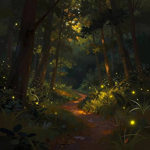 Mystical forest path illuminated by glowing fireflies, with tall trees and dense foliage, creating a magical, nighttime woodland scene.