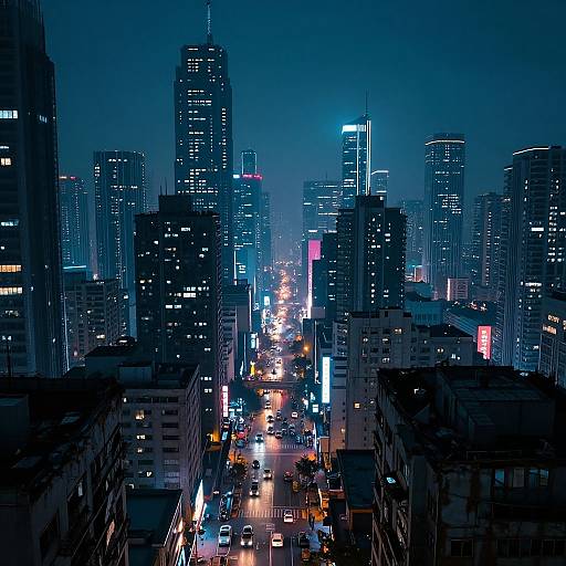Nighttime cityscape photograph of a bustling urban street lined with tall, illuminated skyscrapers, vibrant neon lights, and busy traffic.