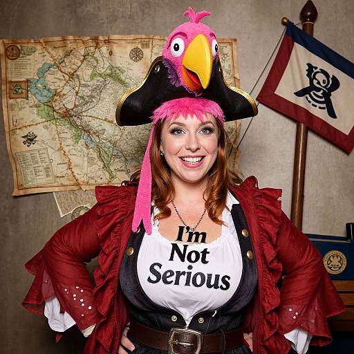 Photograph of a smiling woman in a pirate costume with a pink parrot hat, red coat, white shirt reading 