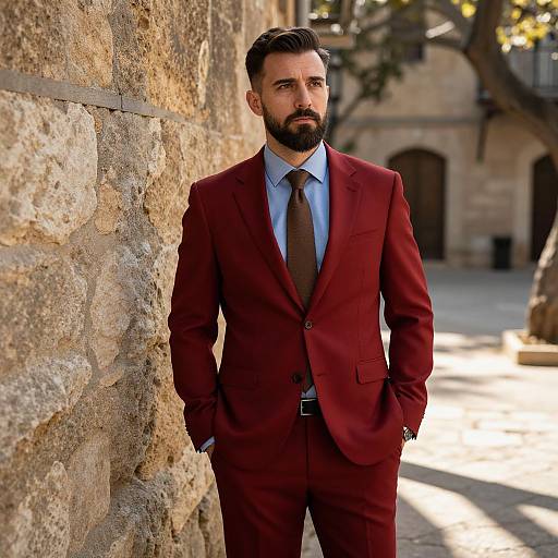 Photograph of a bearded man with dark hair, wearing a red suit, blue shirt, and brown tie, standing against a stone wall in a