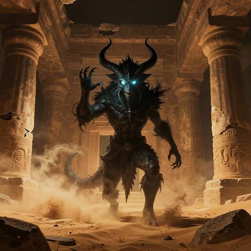 Digital artwork of a glowing-eyed, horned demon with spiky fur, standing in a dusty, ruined ancient temple with illuminated columns.