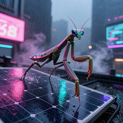 Photorealistic CGI of a glowing, rain-soaked praying mantis on a solar panel in a neon-lit, rainy urban street.