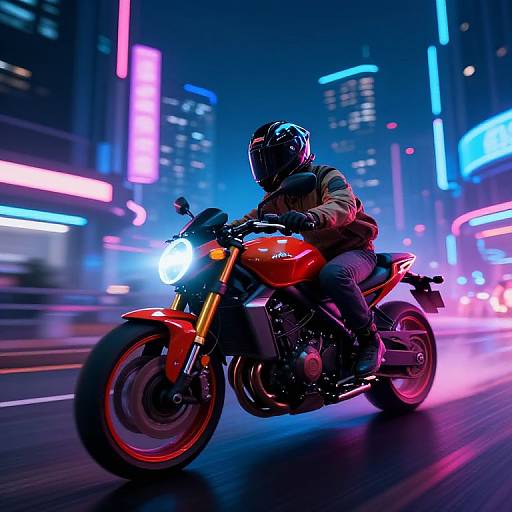 Photograph: Night cityscape, neon lights, motorcyclist in black helmet and jacket riding red sport bike, bright headlight, blurred motion,