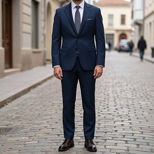 Man in Blue Suit on Cobblestones