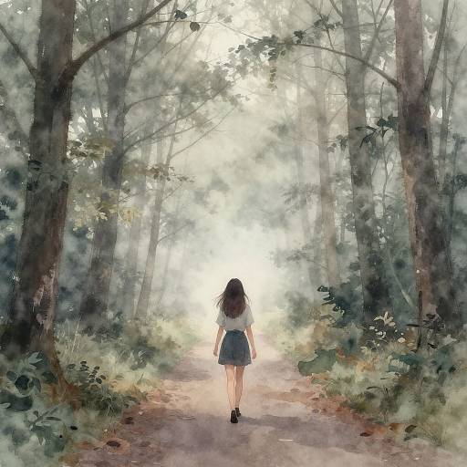 Digital painting of a young girl with long brown hair, wearing a white blouse and blue skirt, walking down a sunlit forest path surrounded by tall trees