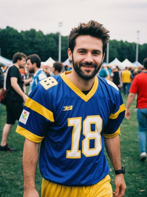 Man in Blue Football Jersey at Outdoor Festival