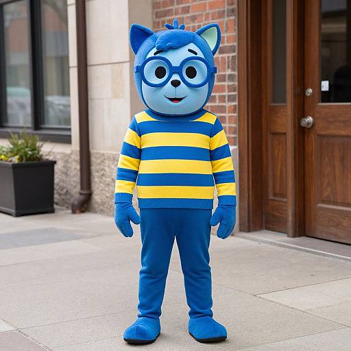 Photograph of a blue-furred, cat-eared mascot in a yellow and blue striped shirt, blue pants, and gloves, standing on a city