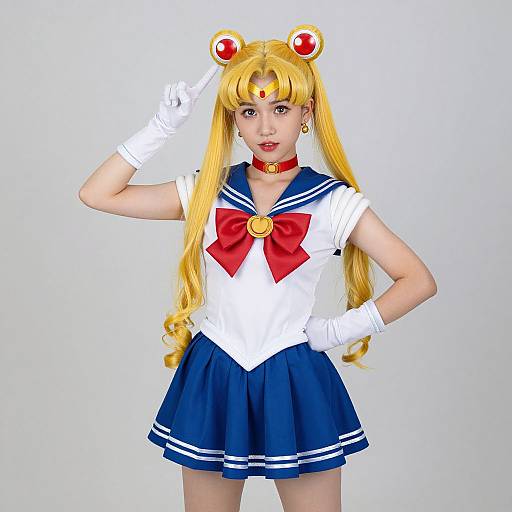 Photograph of a young woman cosplaying as Sailor Moon, wearing a white sailor uniform, red bow, blue skirt, white gloves, gold tiara