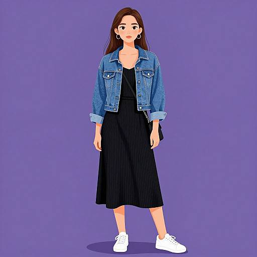 Digital illustration of a woman with long brown hair, wearing a blue denim jacket, black pinstripe dress, and white sneakers, standing against a solid