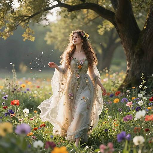 Ethereal Floral Goddess in Blooming Meadow
