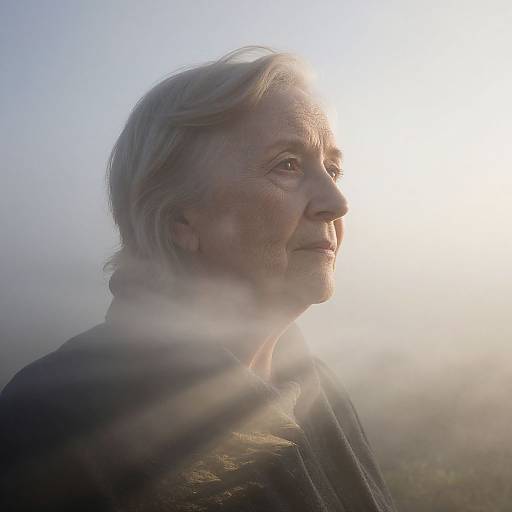 Photograph of an elderly woman with short gray hair, wearing a dark cloak, bathed in soft morning light with a misty background.