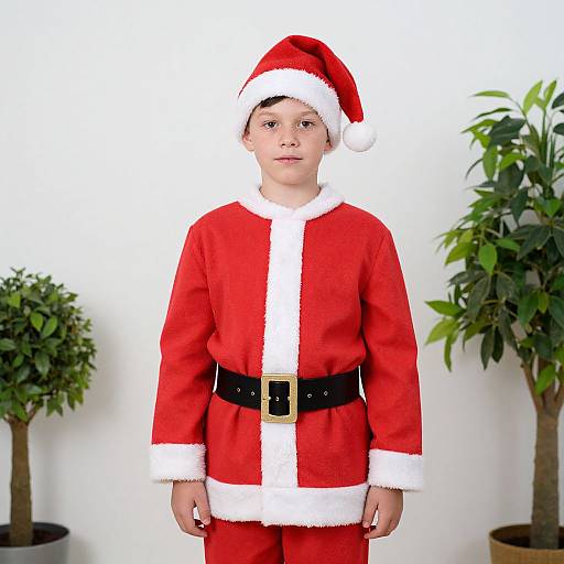 Photograph of a young boy in a red Santa Claus outfit with white trim, black belt, and hat, standing between two potted plants against a